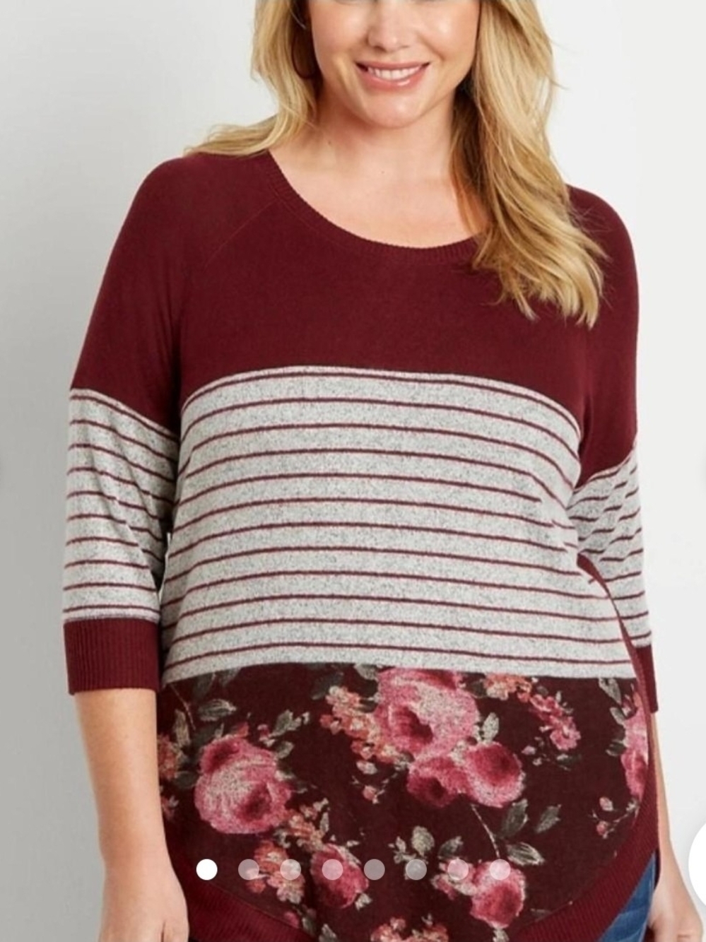 Maurices Maroon Striped & Floral Scoop Neck Sweater